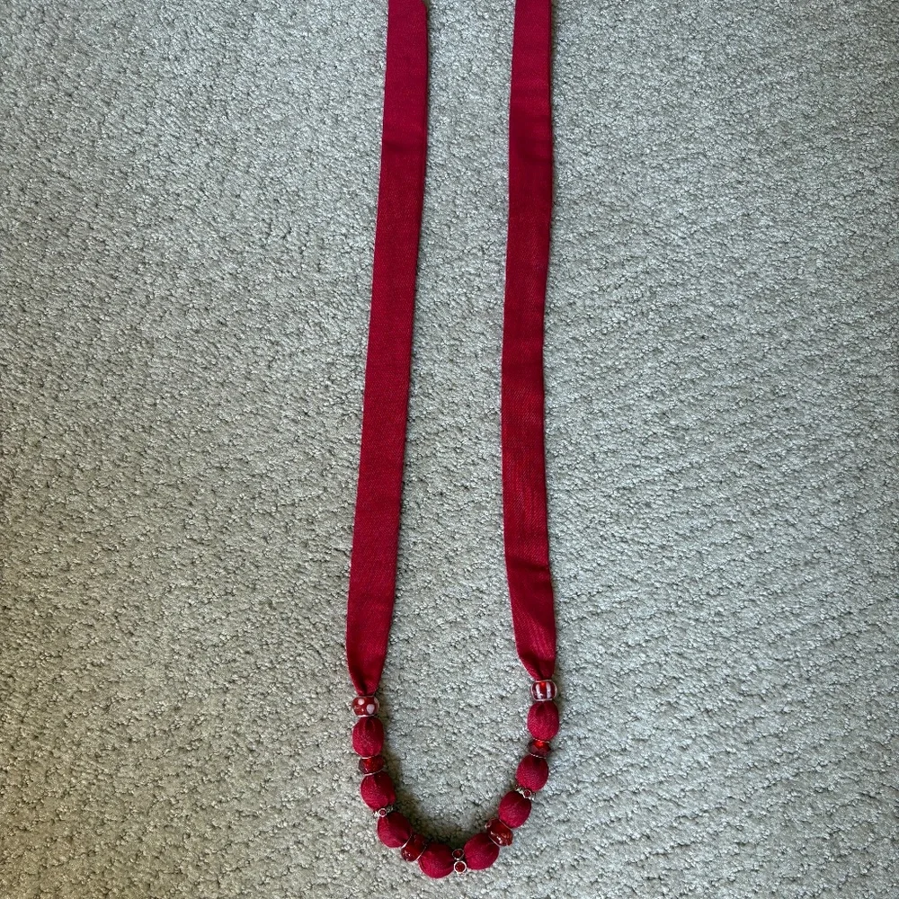 necklace red beaded fabric adjustable self-tie